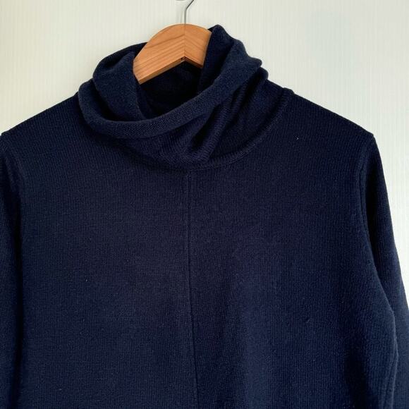 Kial navy cowl turtleneck sweater with fringe hem long sleeve sz S 5% cashmere - Picture 2 of 5